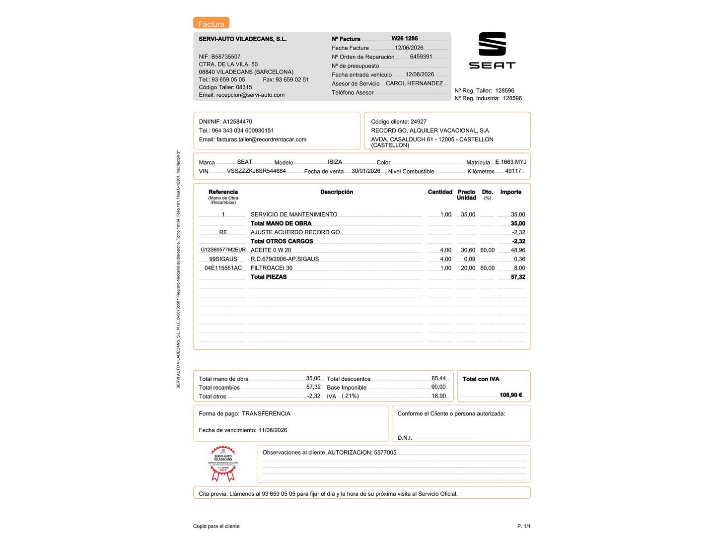Foto del certificado del Seat Ibiza Seat Ibiza 1.0 TSI S&S Xcellence (115 CV)