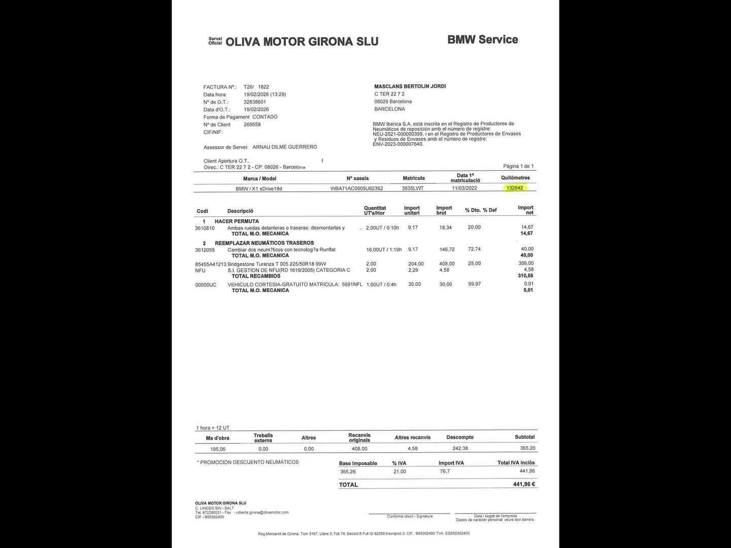 Foto del mantenimiento del BMW X1 BMW X1 sDrive18d (150 CV)