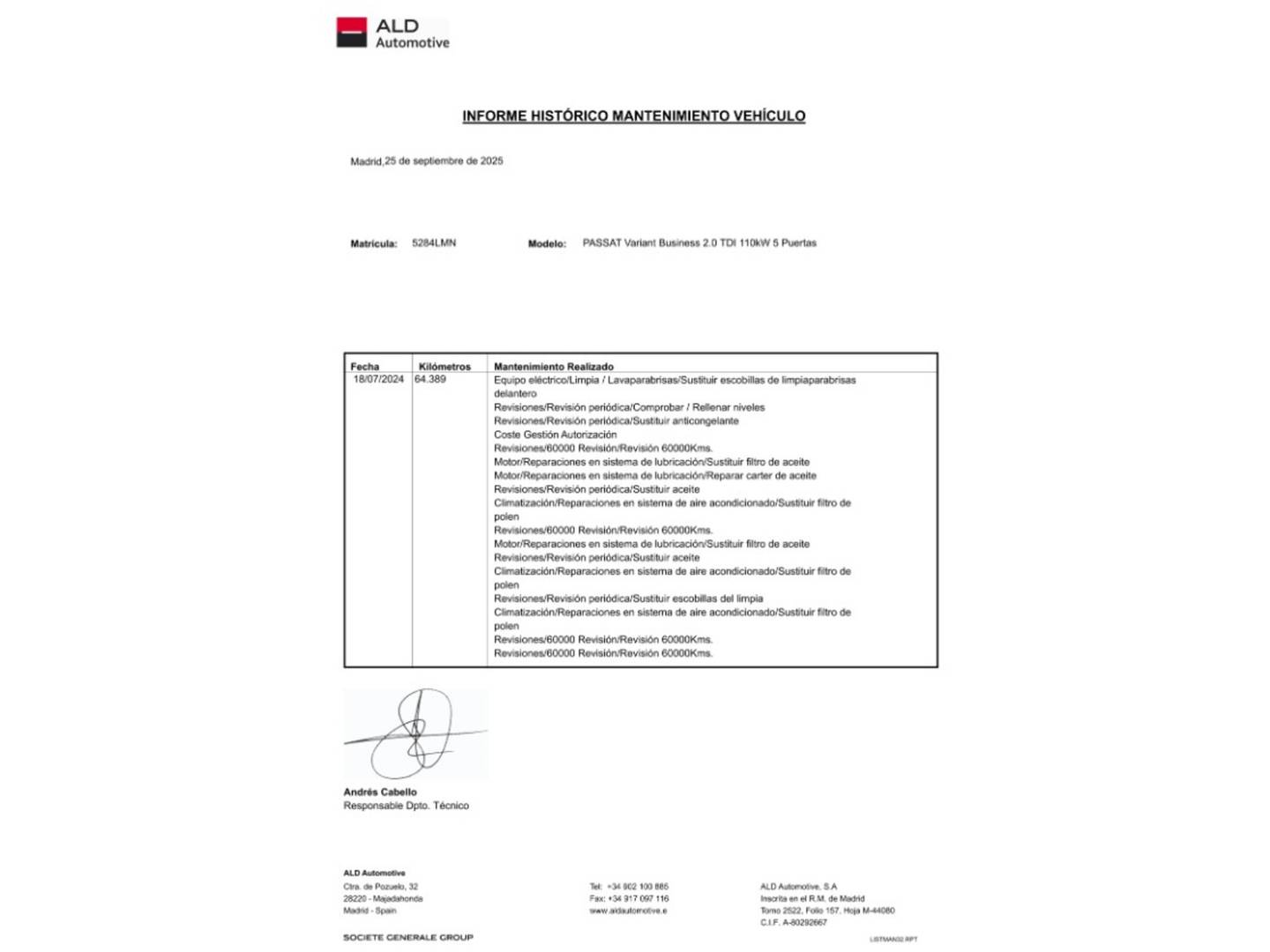 Foto del mantenimiento del Volkswagen Passat Volkswagen Passat Variant Business 2.0 TDI  (150 CV)