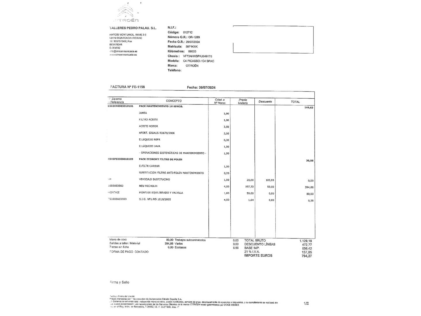 Foto del mantenimiento del Citroën Grand C4 Spacetourer Citroën Grand C4 Spacetourer PureTech 130 S&S Feel (130 CV) 7 Plazas