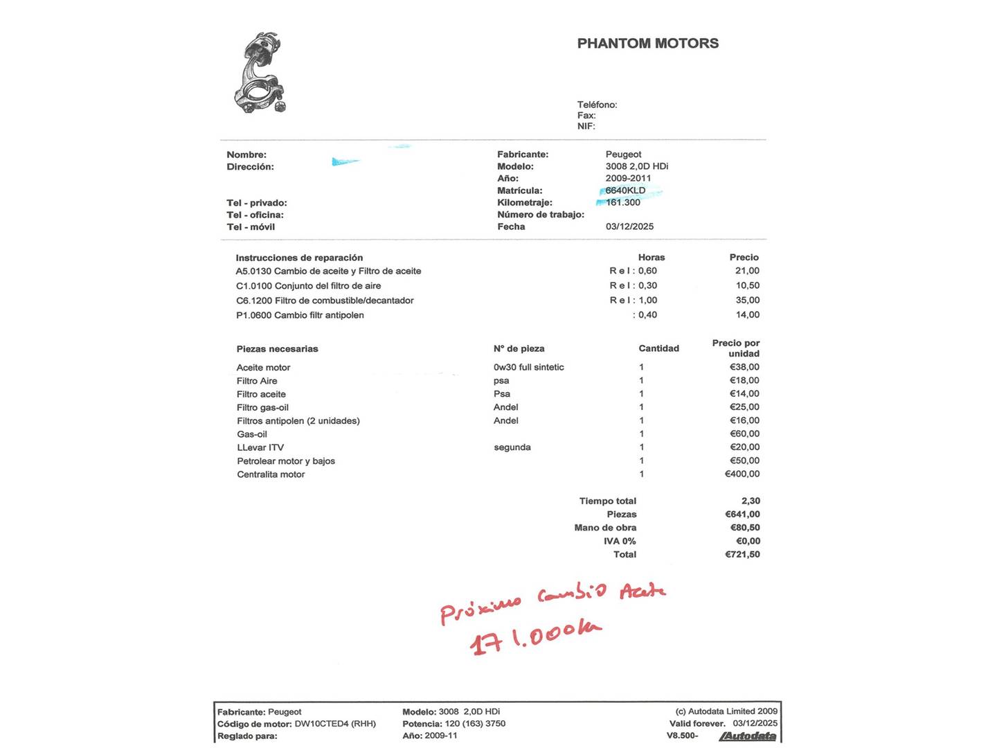 Foto del mantenimiento del Peugeot 3008 Peugeot 3008 BlueHDI 180 S&S GT EAT8 (180 CV)