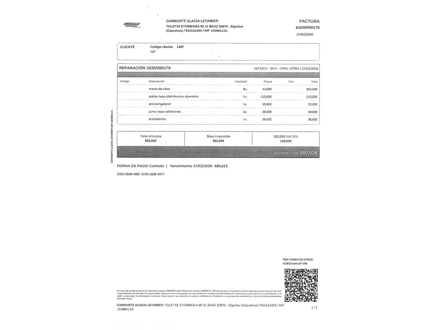 Foto del mantenimiento del Opel Astra Opel Astra 1.6 CDTi Dynamic (110 CV)