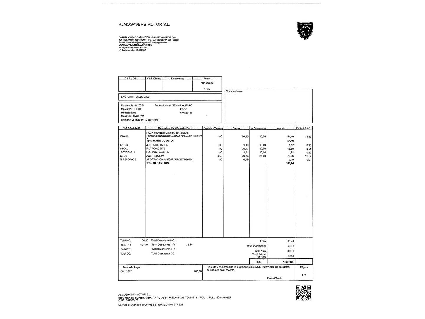 Foto del mantenimiento del Peugeot 5008 Peugeot 5008 PureTech 130 GT Line (130 CV) 7 Plazas