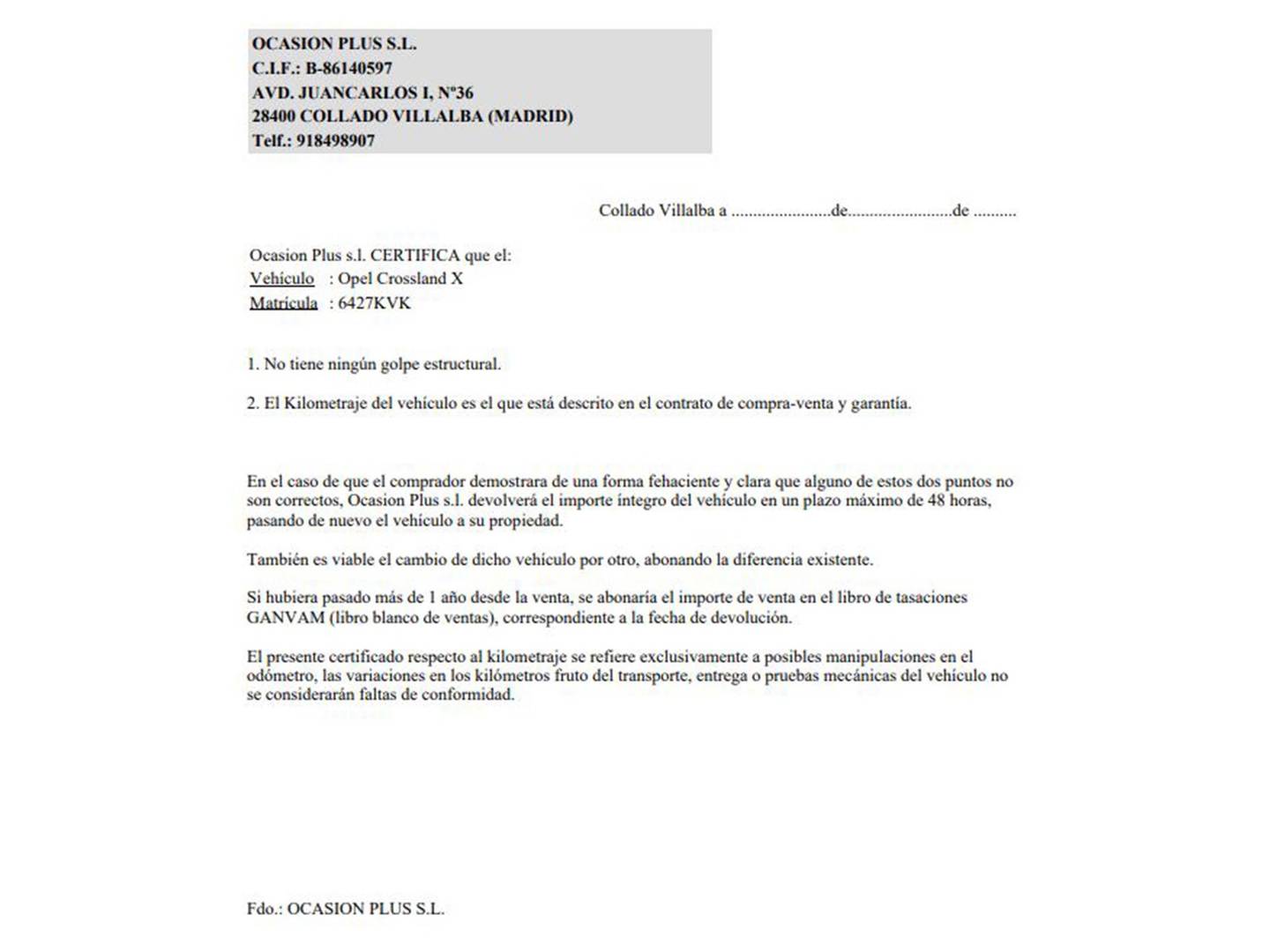 Foto del certificado del Opel Crossland X Opel Crossland X 1.2 S&S Design Line 120 Aniversario Auto (110 CV)