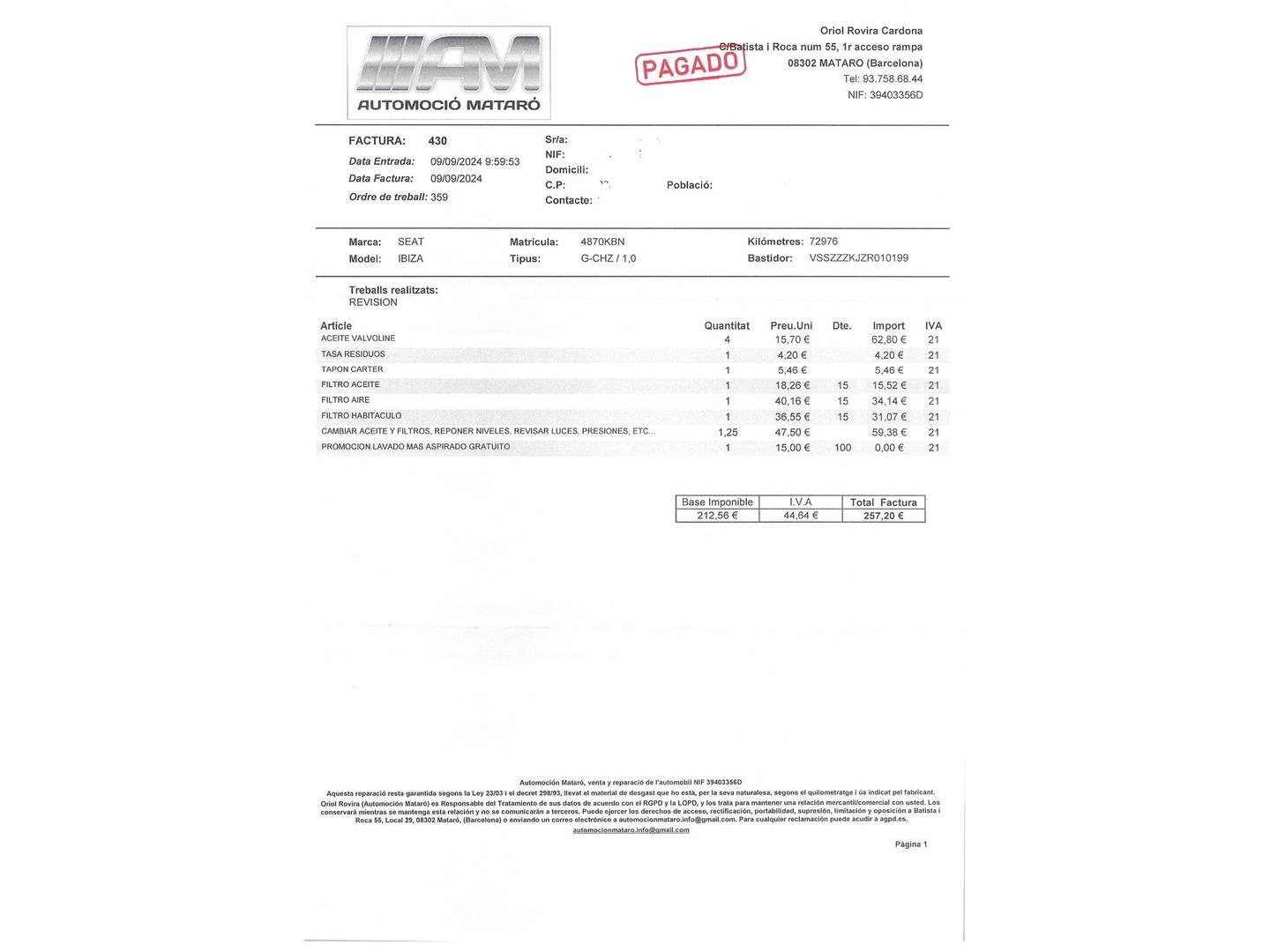 Foto del mantenimiento del Seat Ibiza SEAT Ibiza 1.0 EcoTSI S&S Style (95 CV)