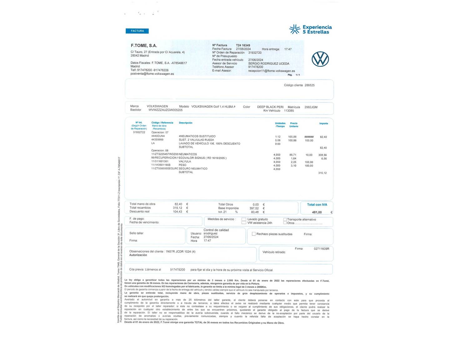 Foto del mantenimiento del Volkswagen Golf Volkswagen Golf Sport 1.4 TSI BMT ACT Tech BMT (150 CV)