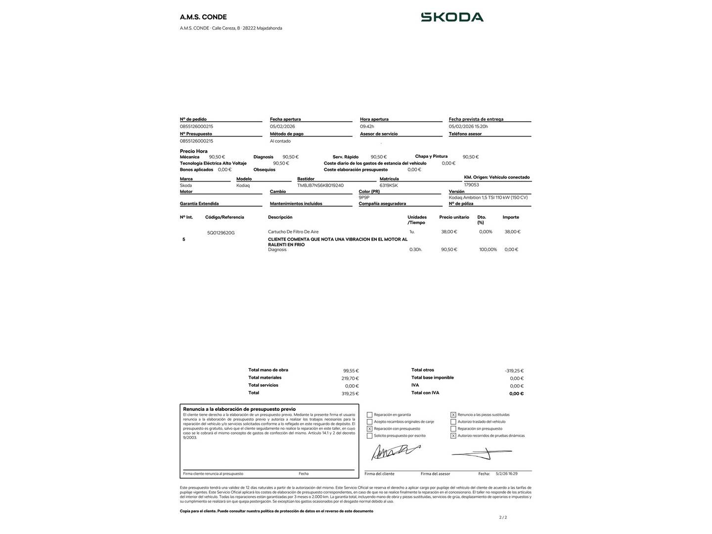 Foto del mantenimiento del Skoda Kodiaq Skoda Kodiaq 1.5 TSI Ambition 4x2 DSG (150 CV)