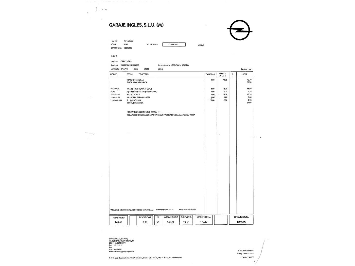 Foto del mantenimiento del Opel Zafira Tourer Opel Zafira Tourer 1.4 Turbo S&S Excellence (140 CV)