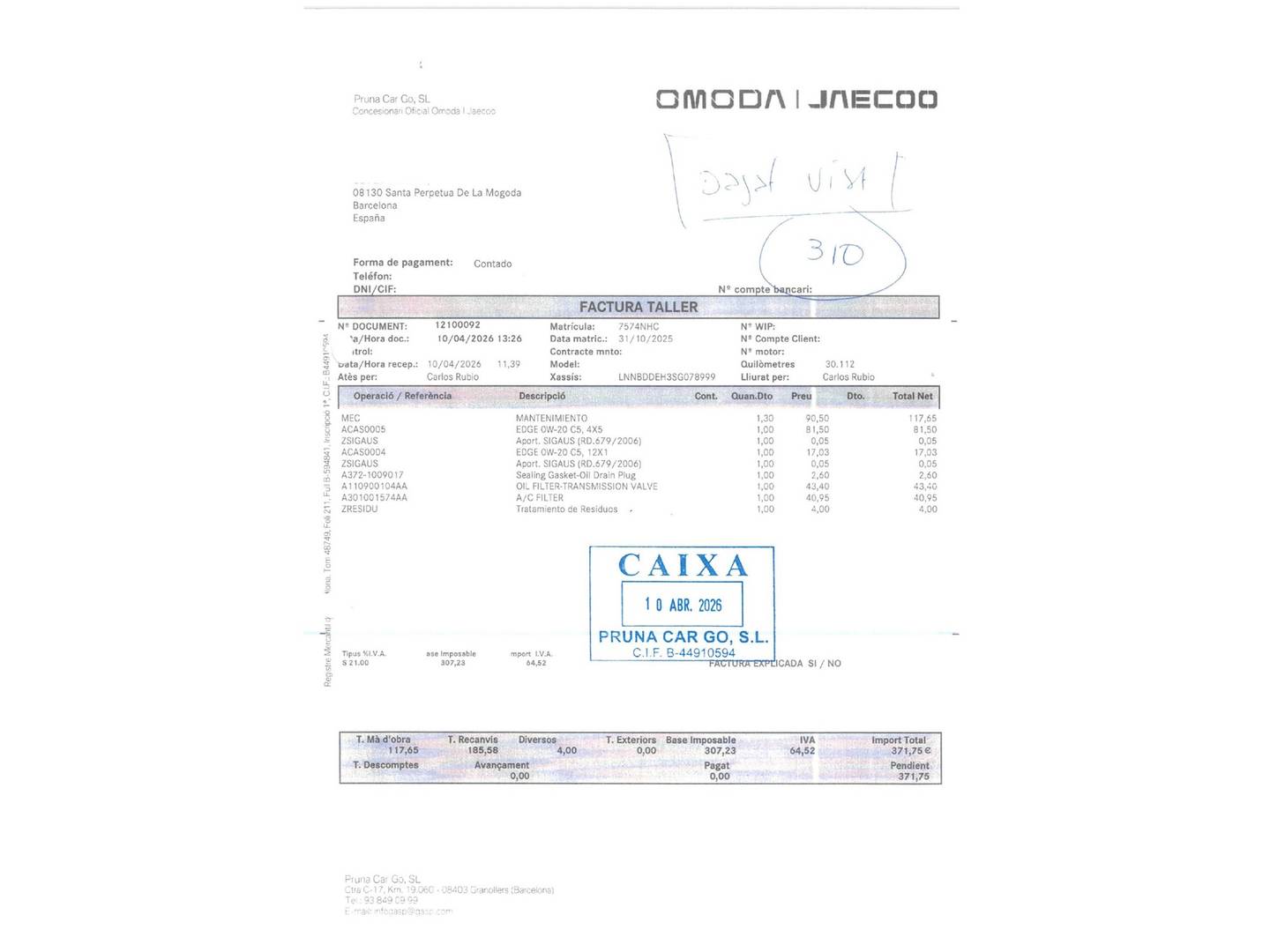 Foto del mantenimiento del OMODA 9 OMODA 9 1.5 TGDI SHS Premium AWD (537 CV) 4x4
