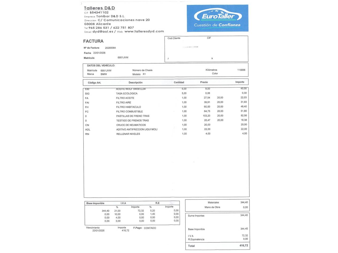 Foto del mantenimiento del BMW X1 BMW X1 sDrive18d (150 CV)