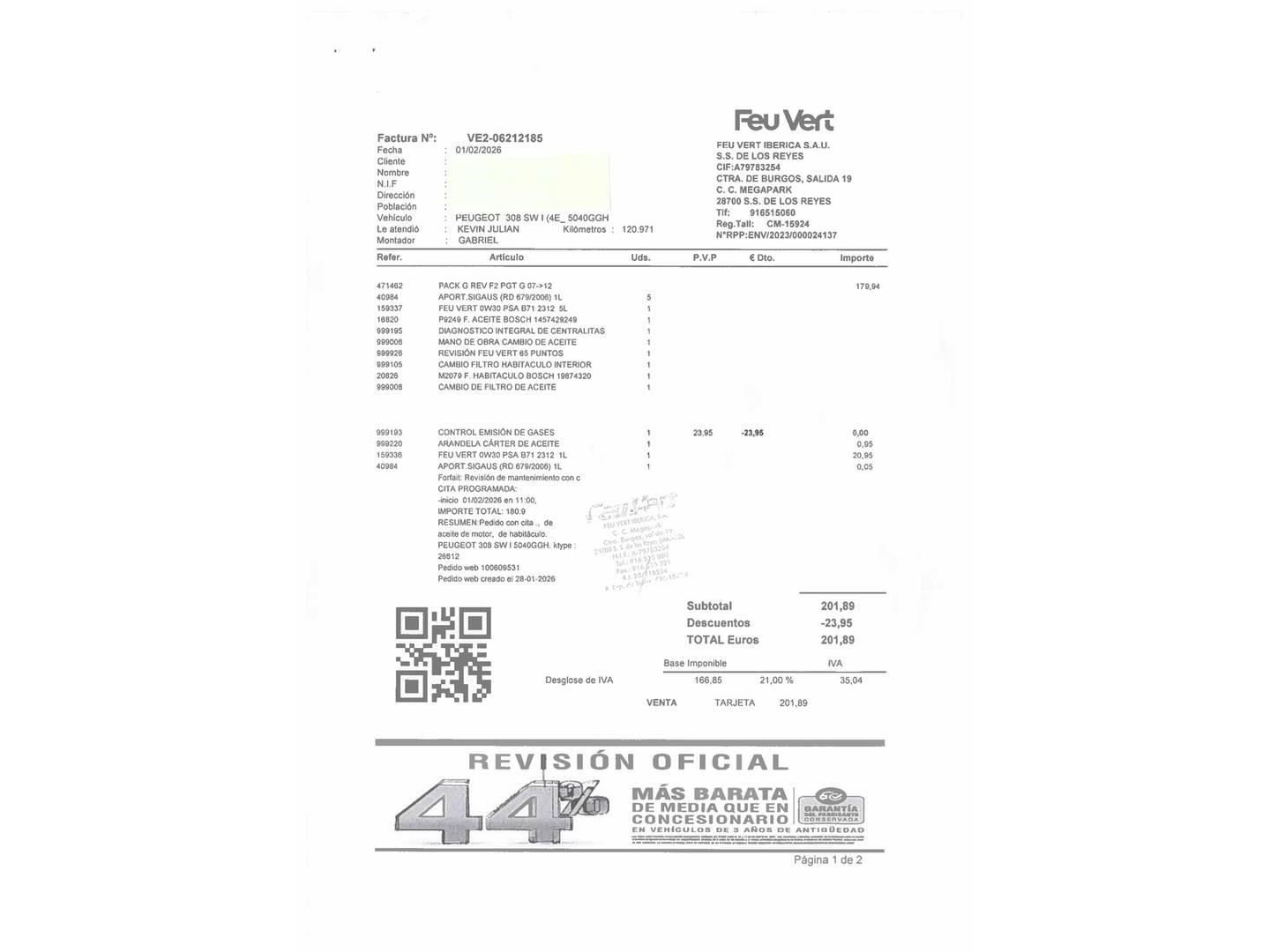Foto del mantenimiento del Peugeot 308 Peugeot 308 SW 1.6 THP Premium (150 CV)
