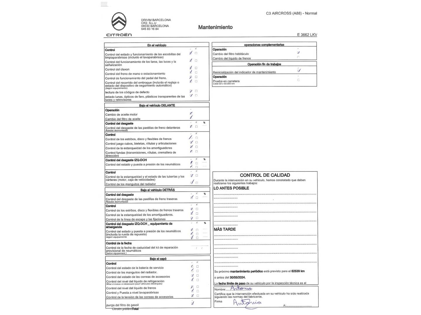 Foto del mantenimiento del Citroën C3 Aircross Citroën C3 Aircross BlueHDi 100 S&S Feel (102 CV)