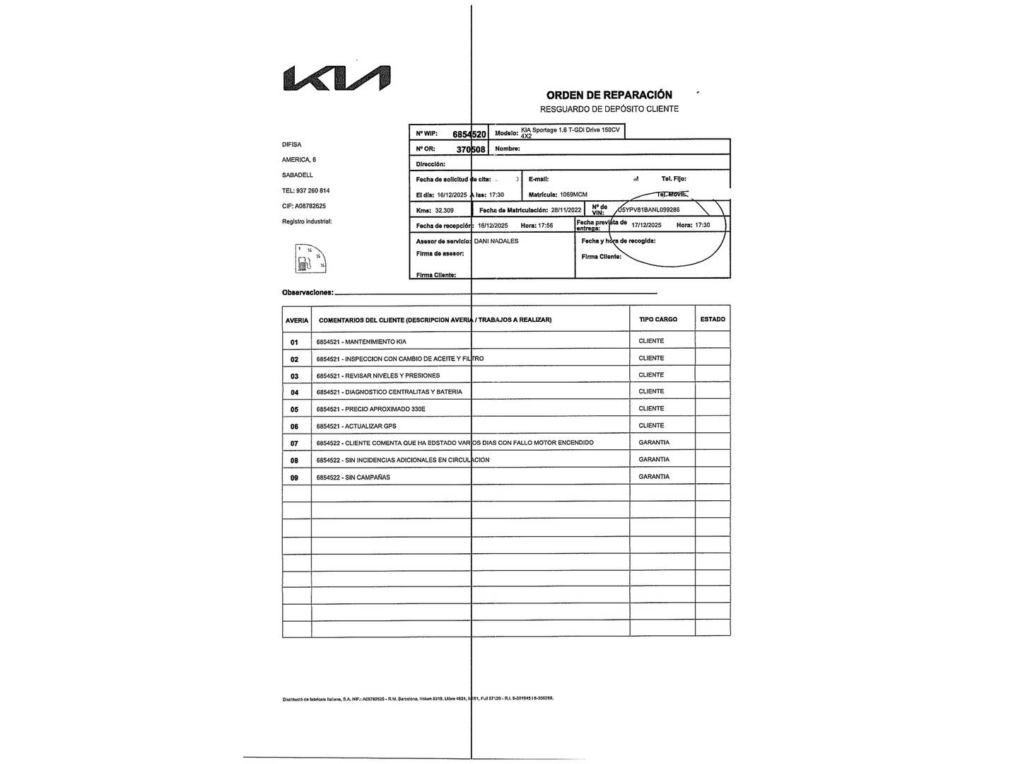Foto del mantenimiento del KIA Sportage KIA Sportage 1.6 T-GDi Drive 4x2 (150 CV)