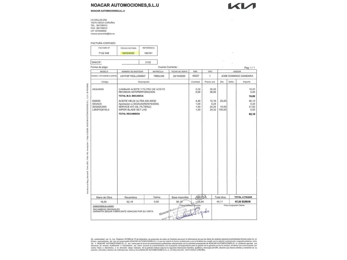 Foto del mantenimiento del KIA XCeed KIA XCeed 1.6 MHEV Emotion DCT (136 CV)