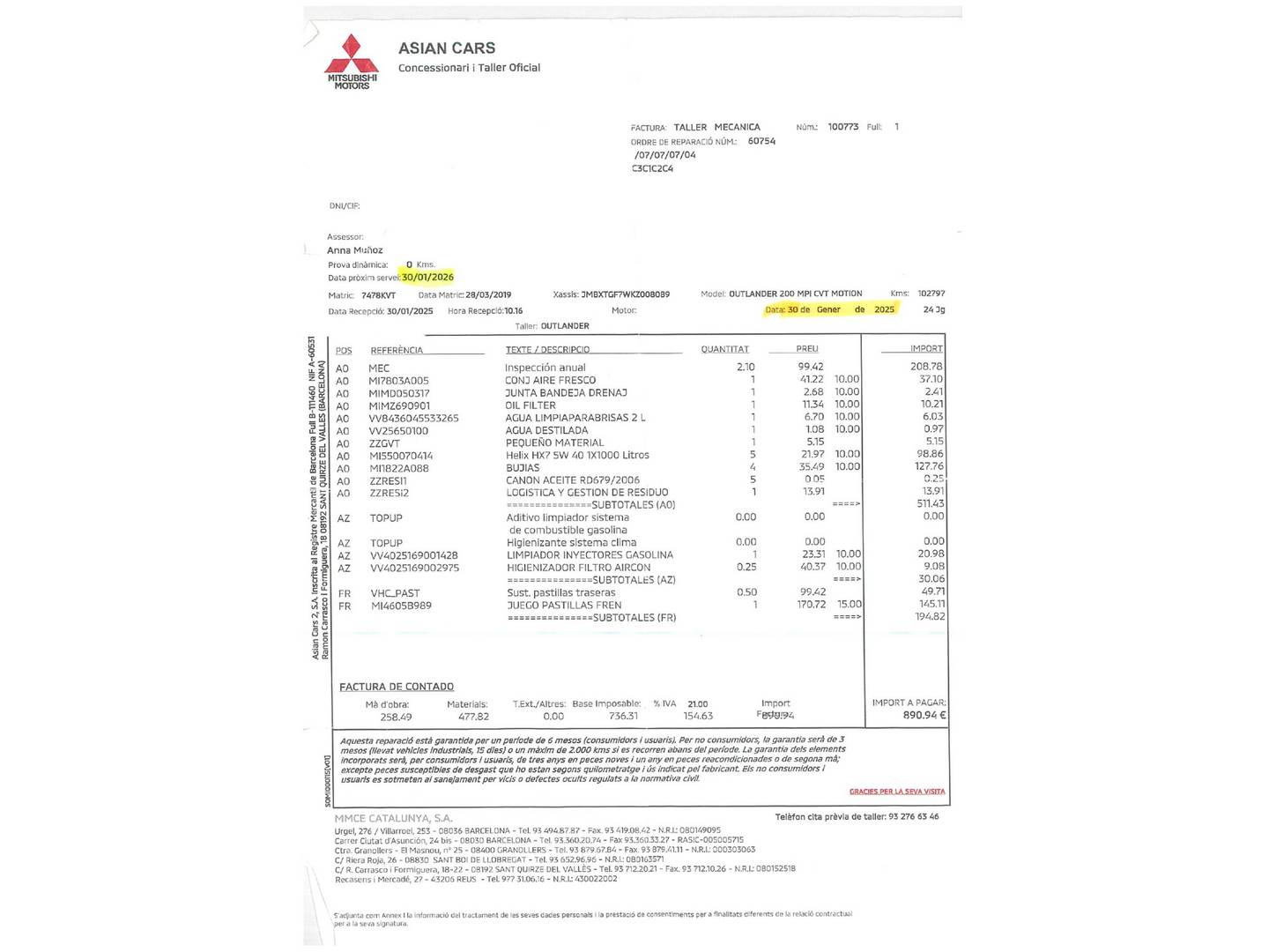 Foto del mantenimiento del Mitsubishi Outlander Mitsubishi Outlander 200 MPI Motion 2WD CVT (150 CV) 7 Plazas
