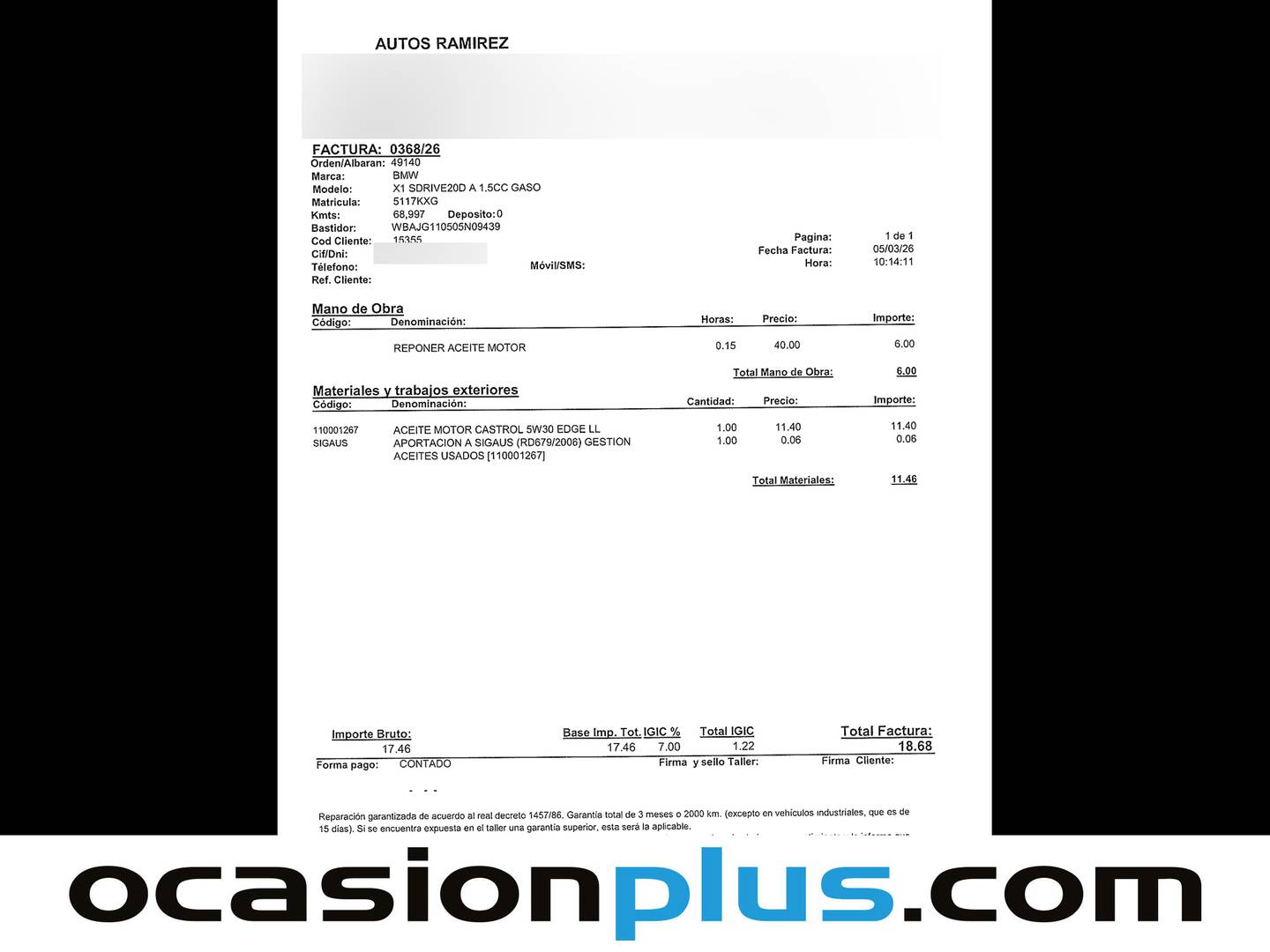 Foto del mantenimiento del BMW X1 BMW X1 sDrive18i (140 CV)