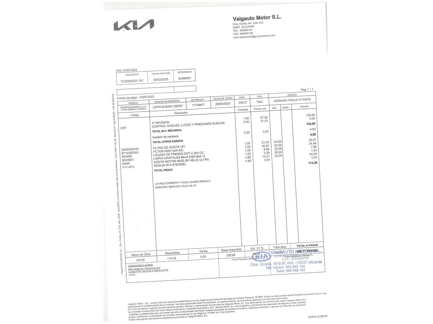 Foto del mantenimiento del KIA Sportage KIA Sportage 1.6 T-GDi MHEV Tech 4x2 (150 CV)