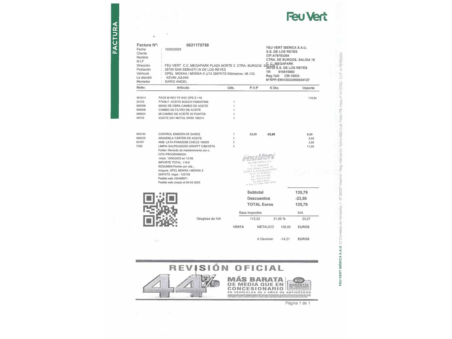 Foto del mantenimiento del Opel Mokka X Opel Mokka X 1.4 Turbo GLP Innovation 4X2 (140 CV)