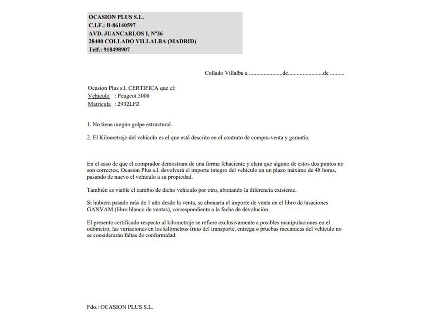 Foto del certificado del Peugeot 5008 Peugeot 5008 PureTech 130 S&S Allure (130 CV) 7 Plazas