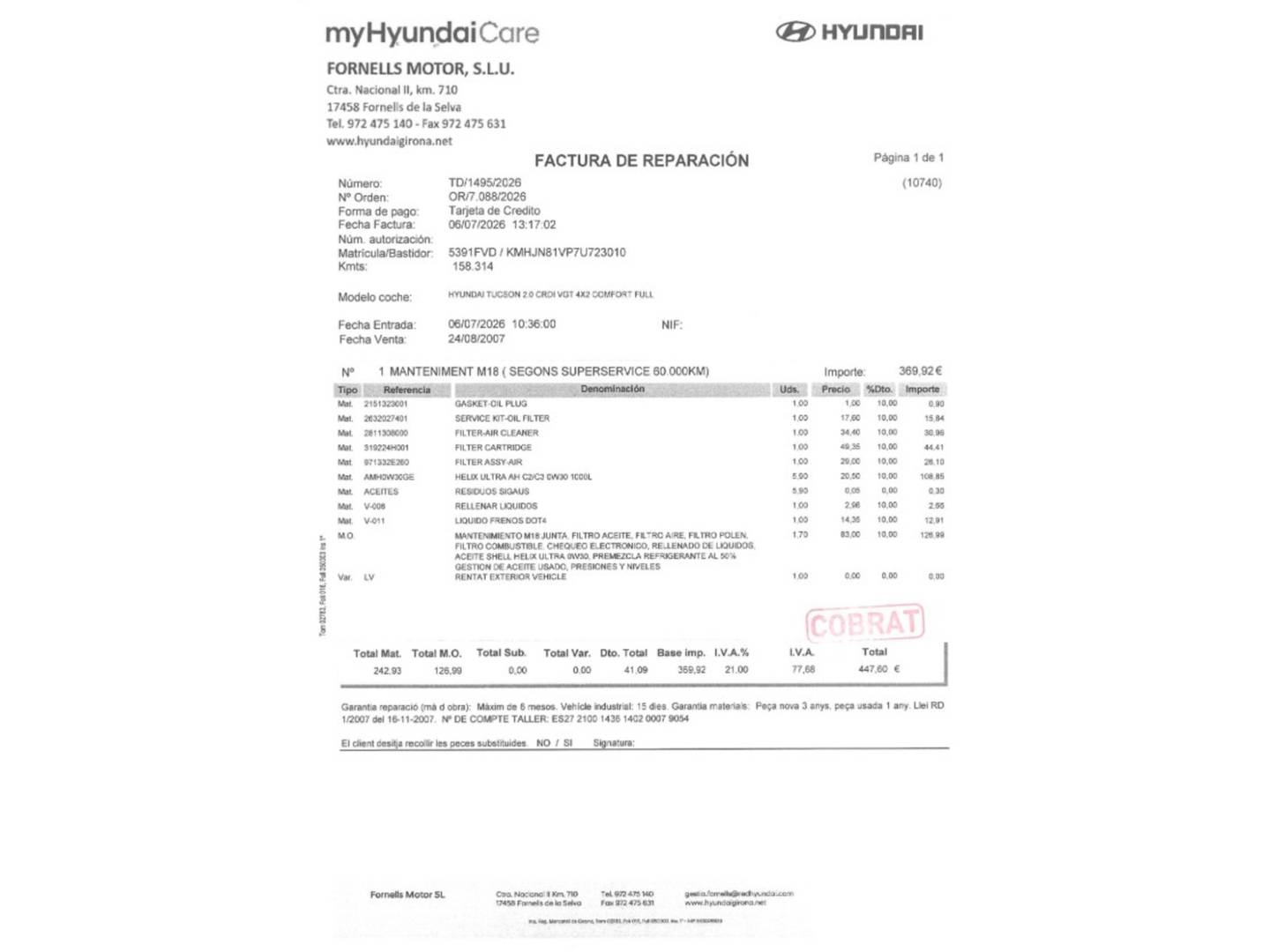 Foto del mantenimiento del Hyundai Tucson Hyundai Tucson 2.0 CRDi Comfort 4x2 (140 CV)