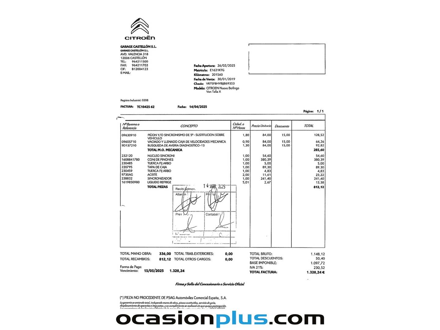 Foto del mantenimiento del Citroën Berlingo Citroën Berlingo BlueHDi 100 Talla XL Club (100 CV)
