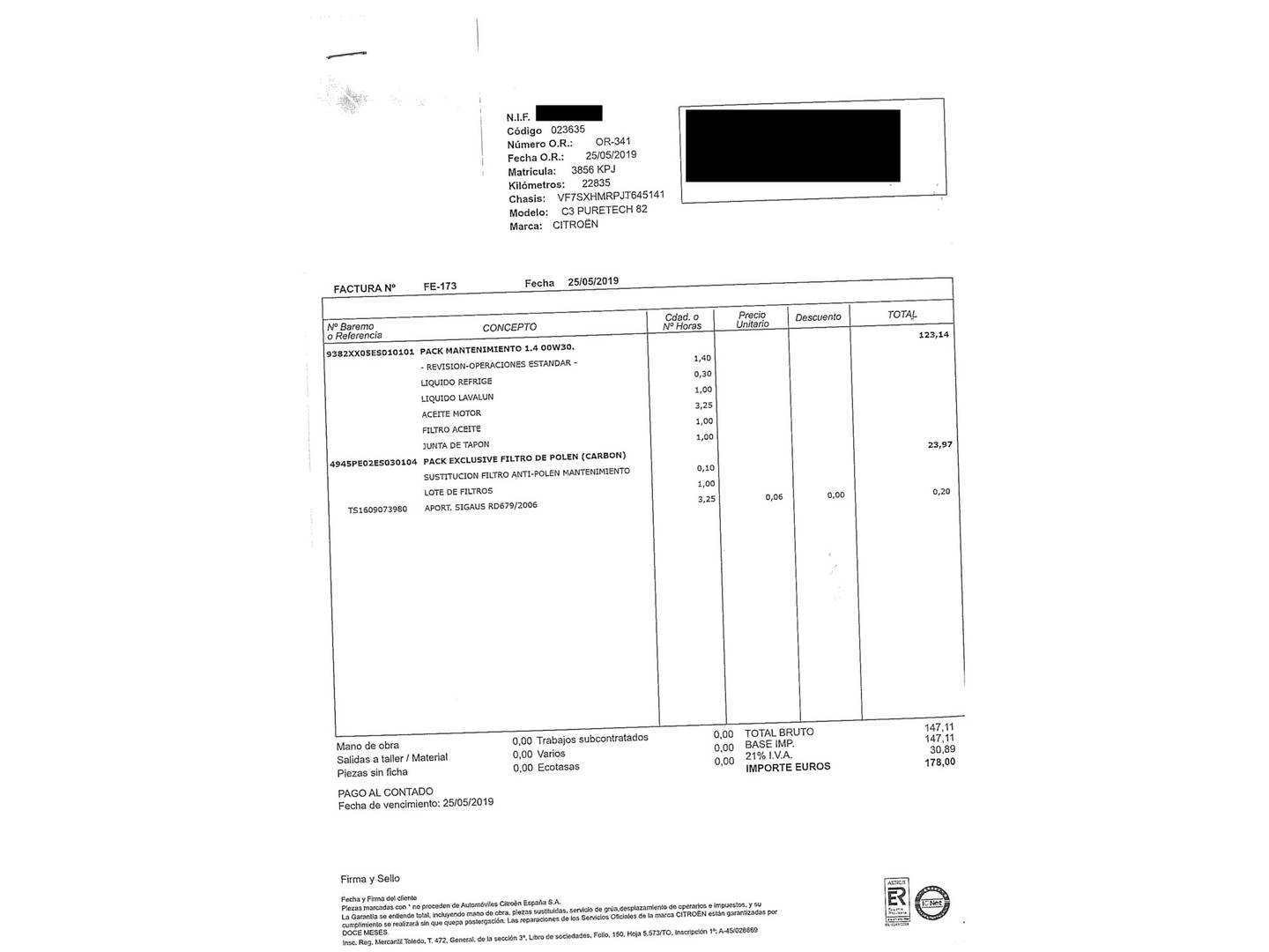 Foto del mantenimiento del Citroën C3 Citroën C3 PureTech 82 Feel (83 CV)