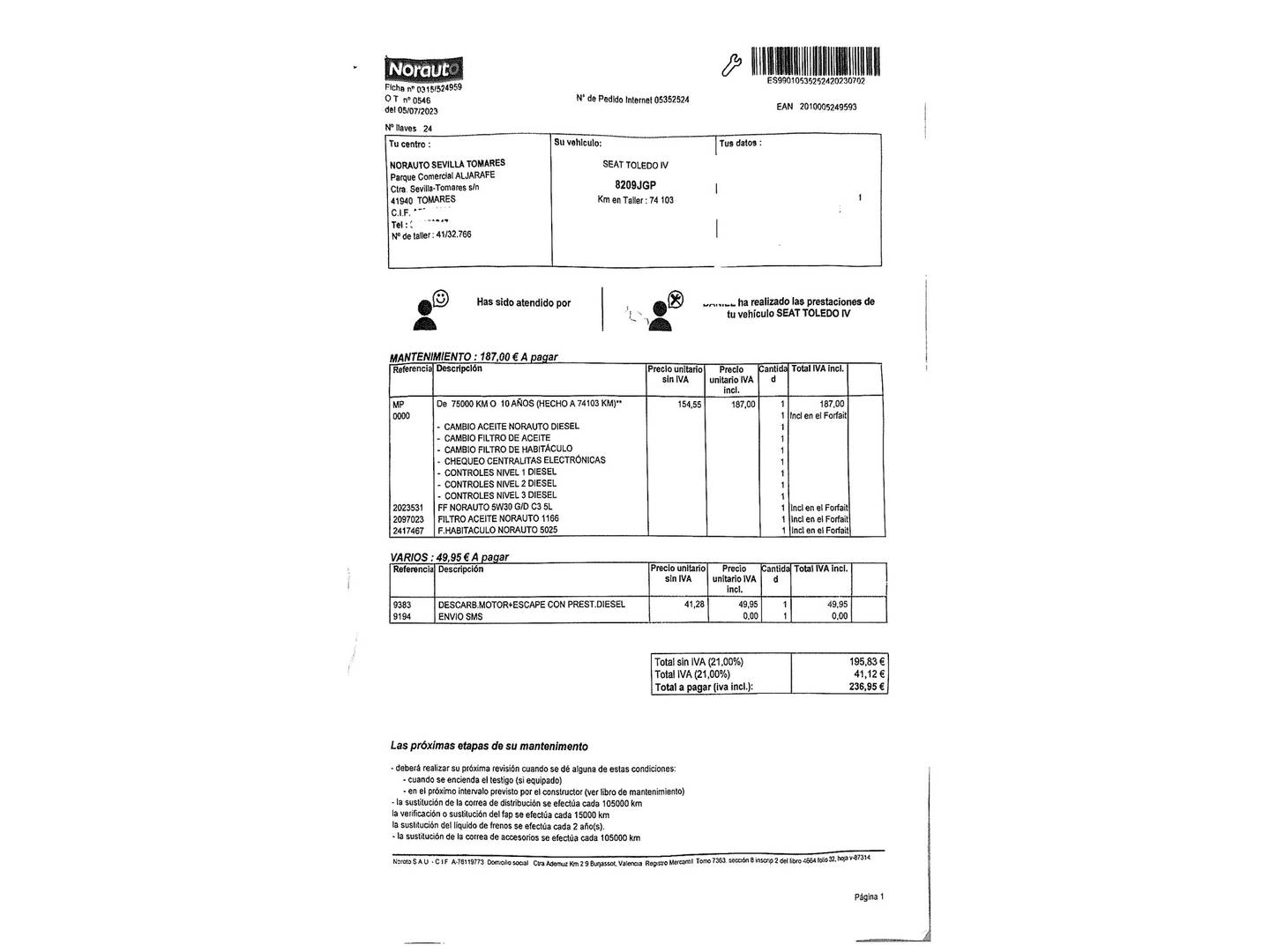 Foto del mantenimiento del Seat Toledo Seat Toledo 1.6 TDI CR S&S Style (115 CV)
