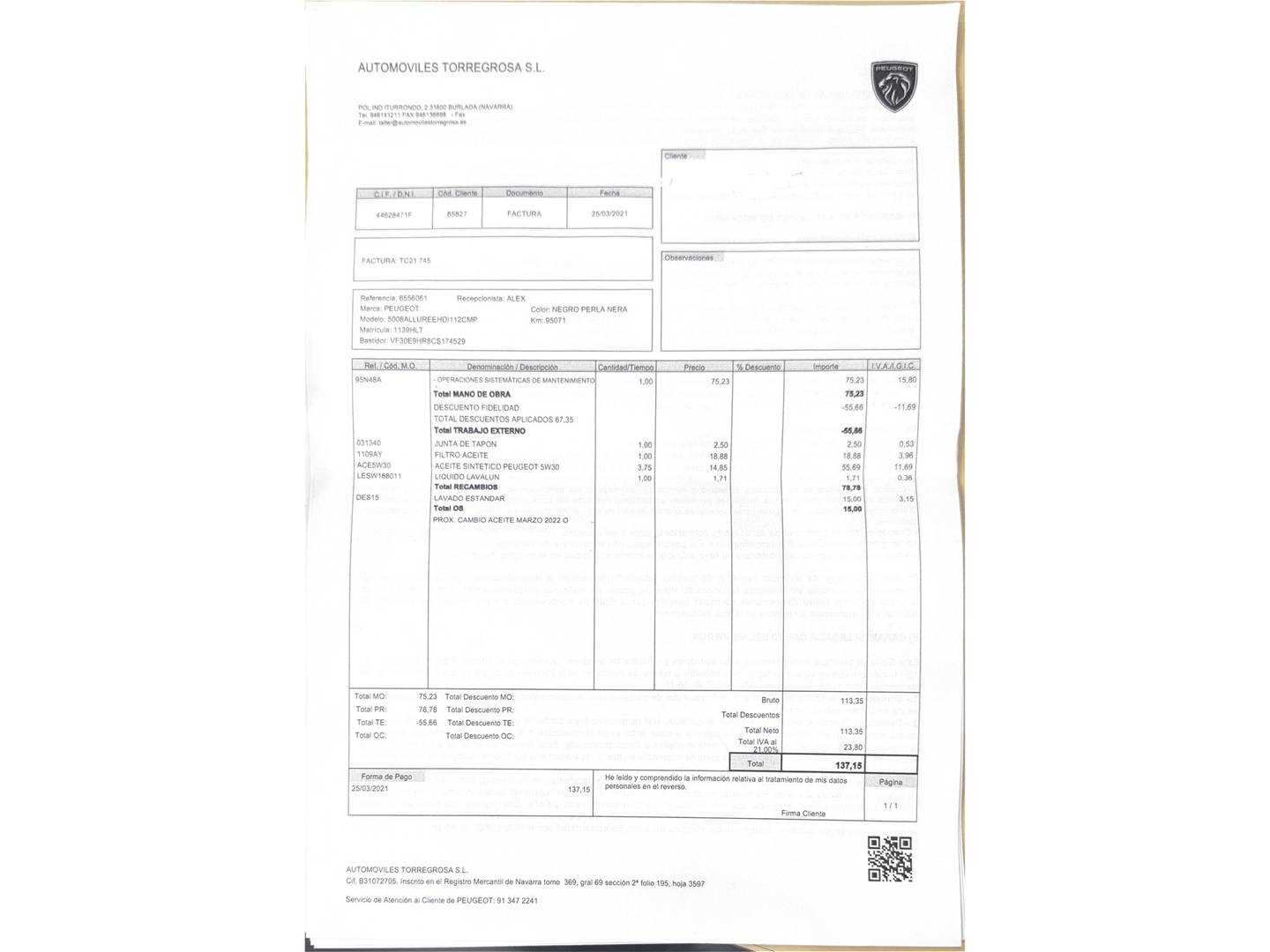 Foto del mantenimiento del Peugeot 5008 Peugeot 5008 1.6 e-HDI Blue Lion FAP Allure CMP (112 CV) 7 Plazas