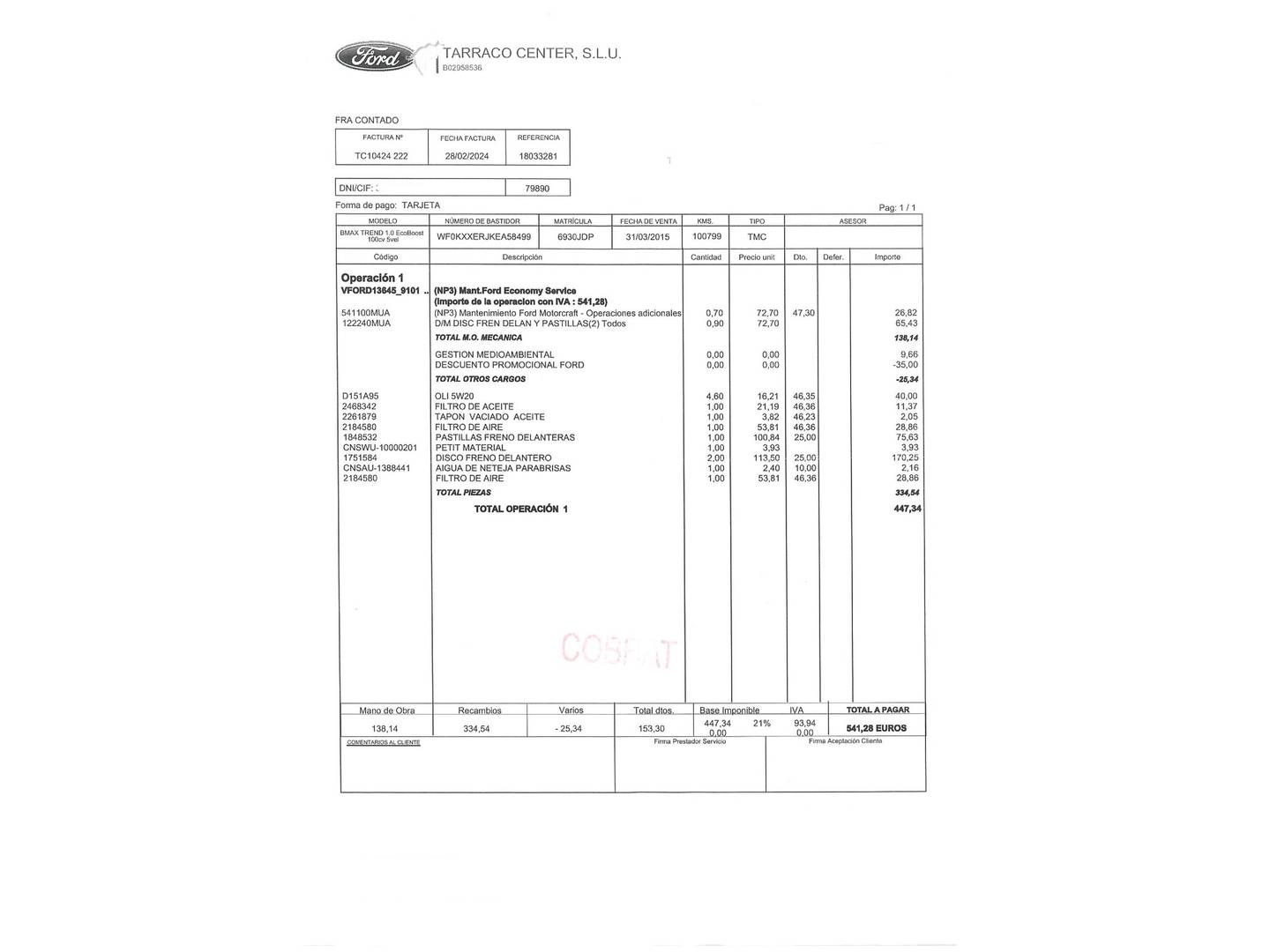 Foto del mantenimiento del Ford B-MAX Ford B-Max 1.0 EcoBoost Trend (100 CV)