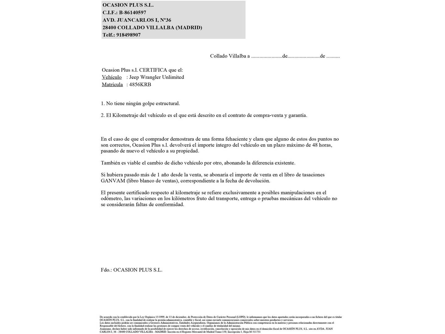 Foto del certificado del Jeep Wrangler Unlimited Jeep Wrangler Unlimited 2.2 CRD Sahara 8ATX (200 CV)