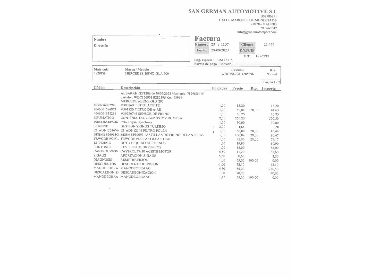 Foto del mantenimiento del Mercedes GLA Mercedes GLA 200 d AMG Line (136 CV)