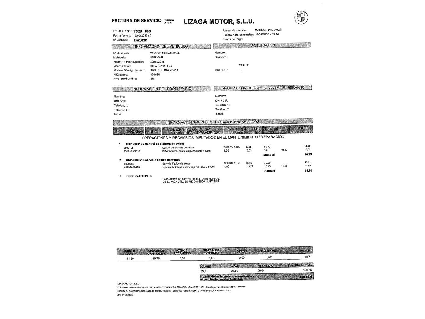 Foto del mantenimiento del BMW Serie 3 BMW Serie 3 320i (184 CV)