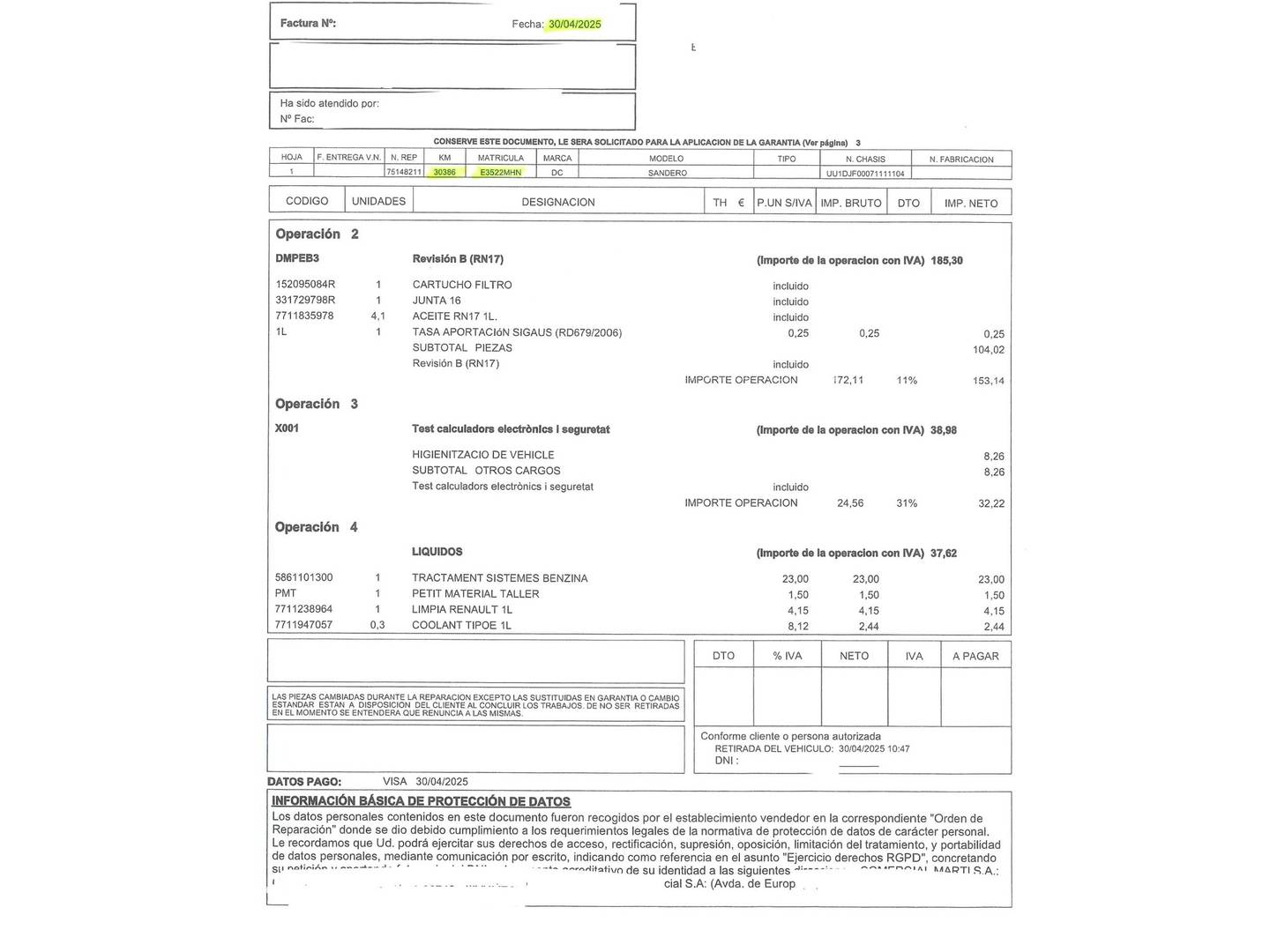 Foto del mantenimiento del Dacia Sandero Dacia Sandero Expression TCe (91 CV) CVT