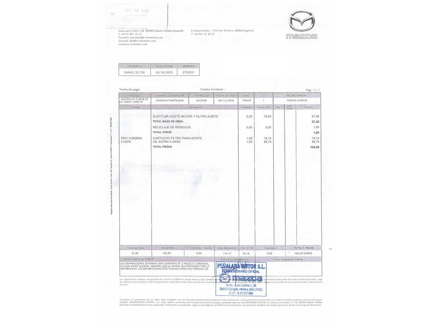 Foto del mantenimiento del Mazda CX-5 Mazda CX-5 2.0 G Zenith White 2WD AT (165 CV)