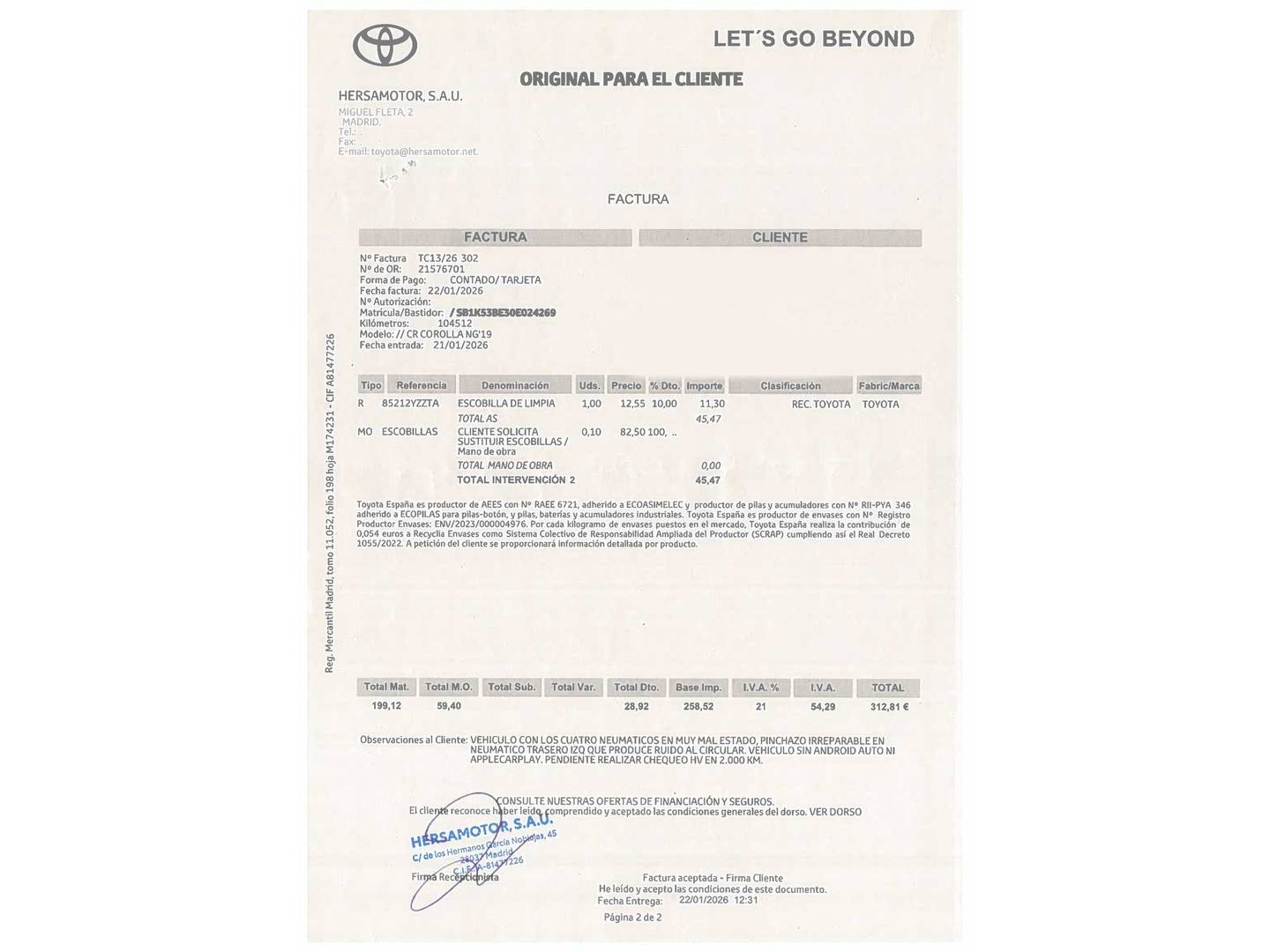 Foto del mantenimiento del Toyota Corolla Toyota Corolla 180H Advance E-CVT (180 CV)