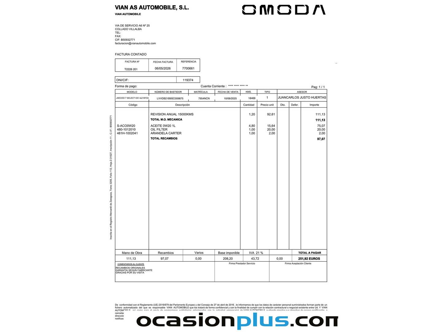 Foto del mantenimiento del JAECOO 7 Jaecoo 7 1.6 TGDI Select FWD (145 CV)
