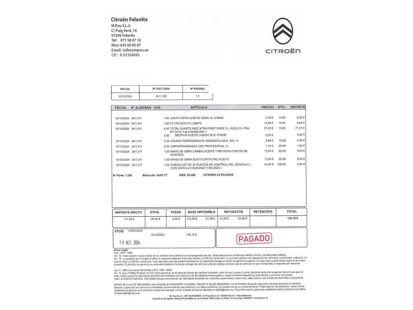 Foto del mantenimiento del Citroën Grand C4 Spacetourer Citroën Grand C4 Spacetourer PureTech 130 S&S 6v C-Series (131 CV) 7 Plazas