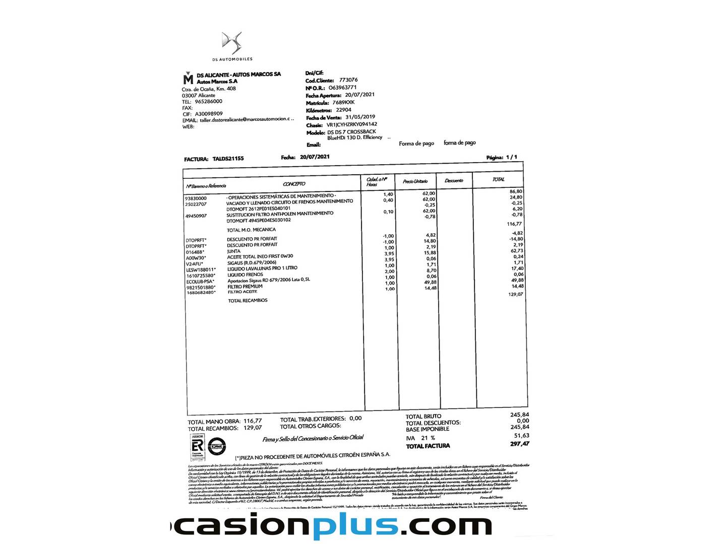Foto del mantenimiento del DS DS 7 Crossback DS DS7 Crossback BlueHDi 130 Performance Line Auto (130 CV)