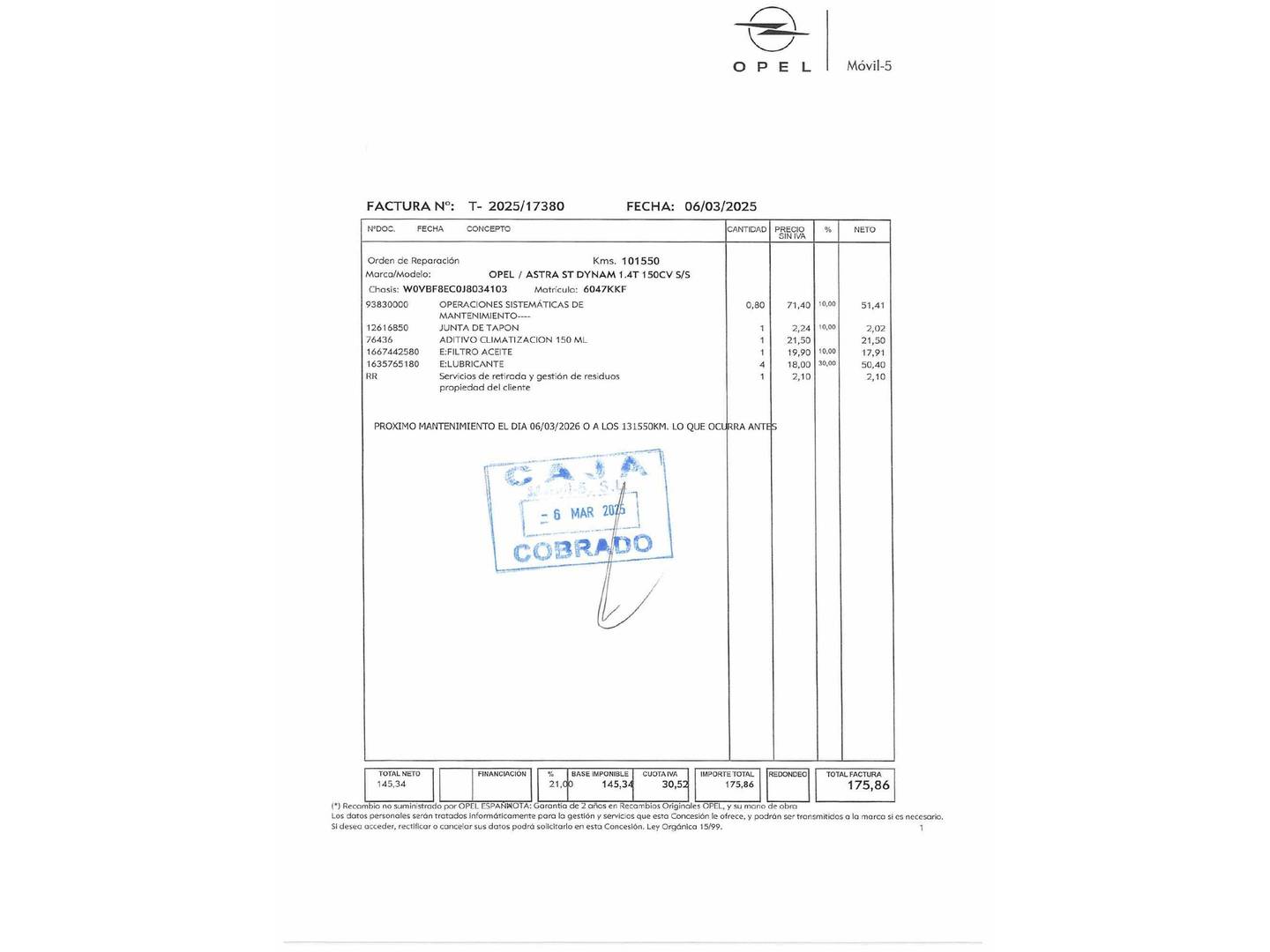 Foto del mantenimiento del Opel Astra Opel Astra 1.4 Turbo S&S Dynamic  (150 CV)
