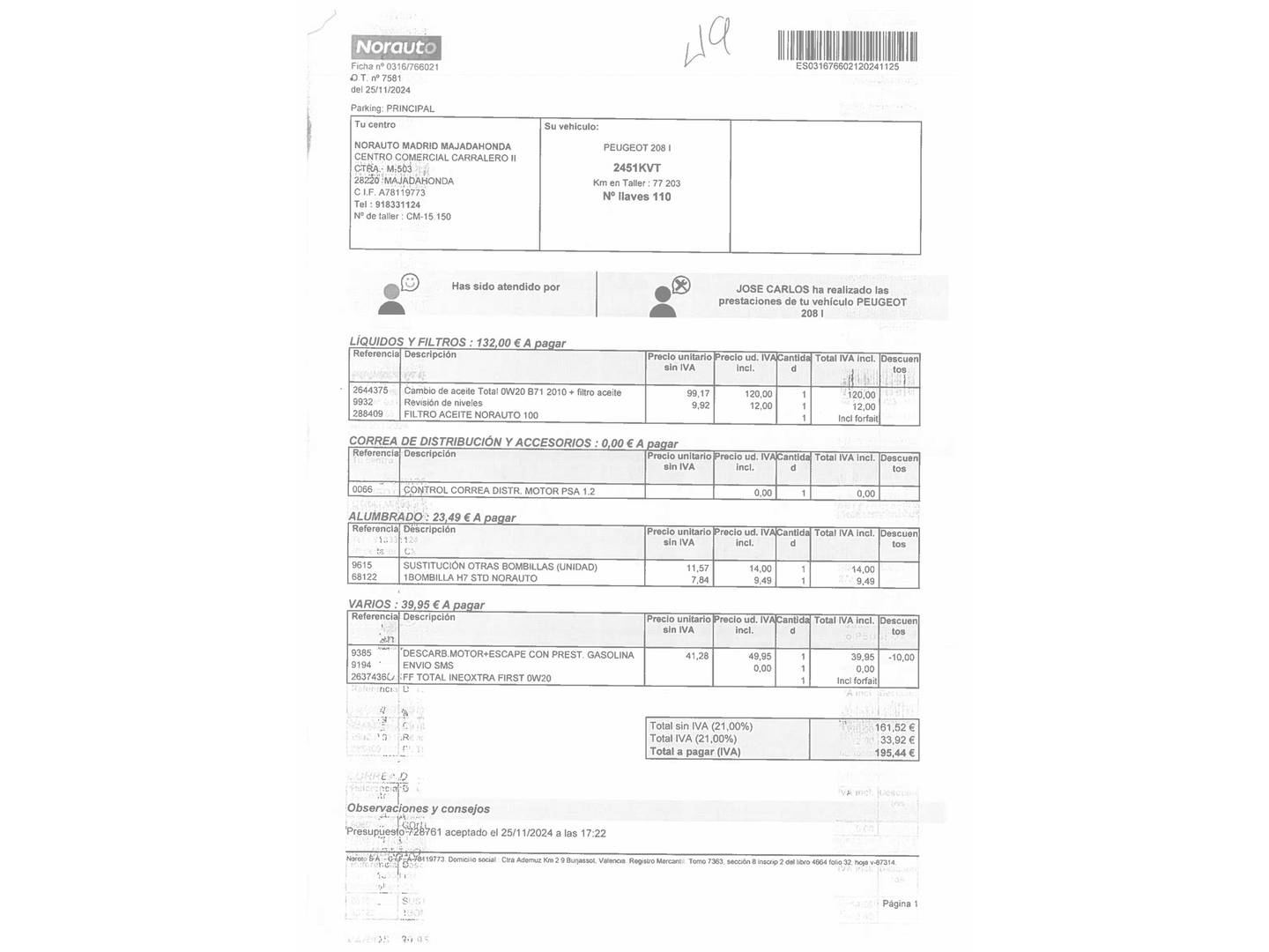 Foto del mantenimiento del Peugeot 208 Peugeot 208 PureTech Signature (82 CV)