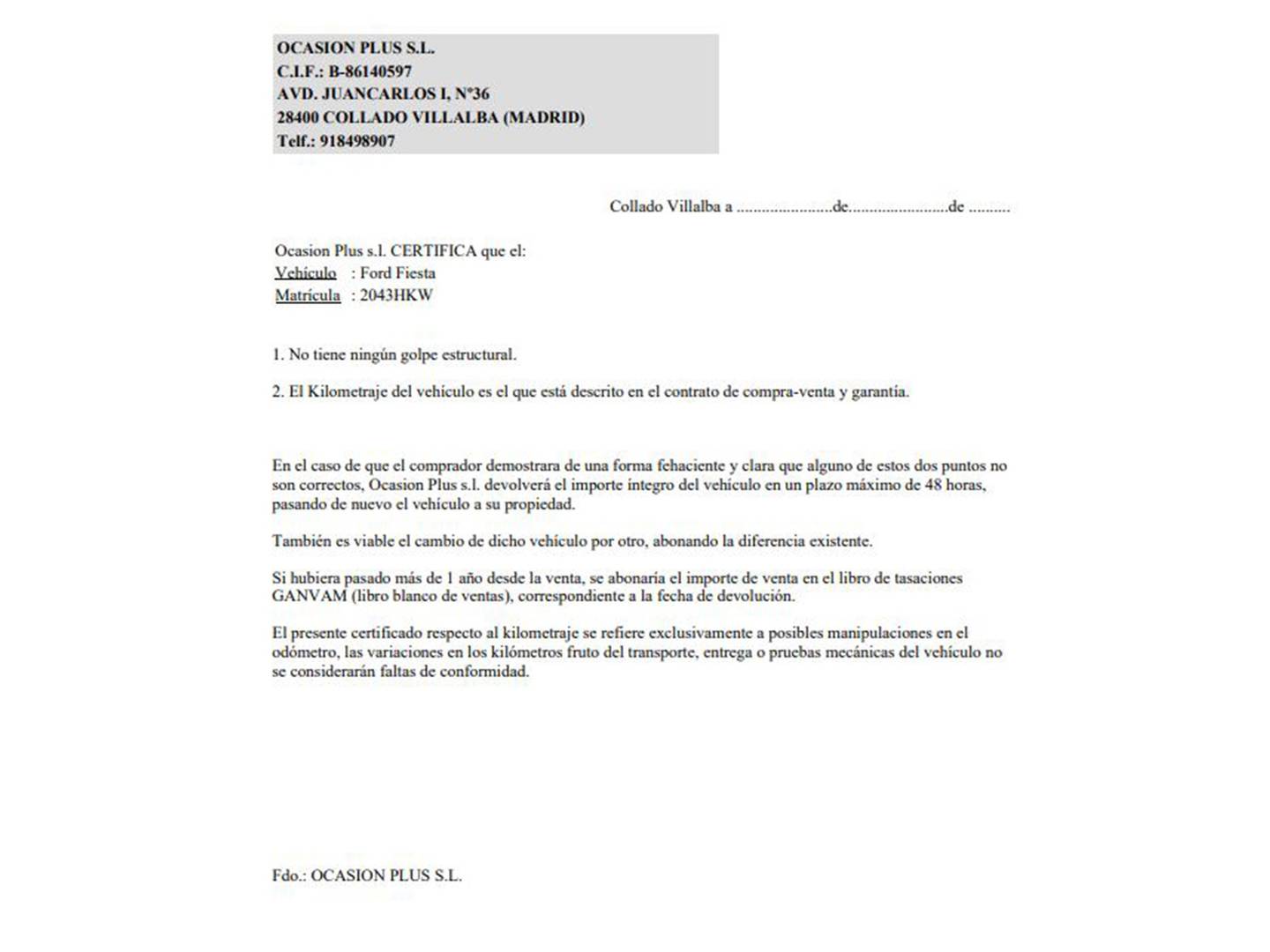 Foto del certificado del Ford Fiesta Ford Fiesta 1.25 Trend (82 CV)