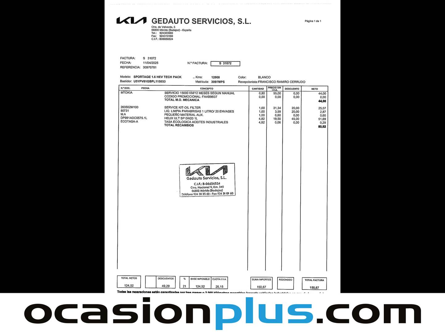 Foto del mantenimiento del KIA Sportage KIA Sportage 1.6 T-GDi HEV Tech 4x2 Auto (230 CV)