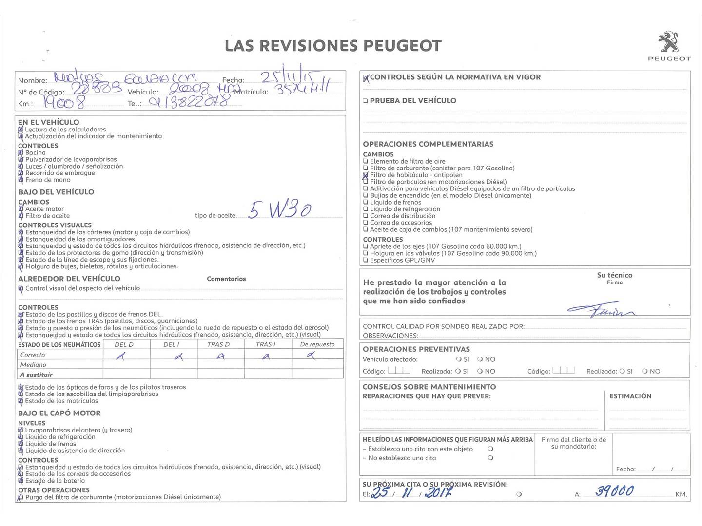 Foto del mantenimiento del Peugeot 2008 Peugeot 2008 e-HDI 92 Active  (92 CV)