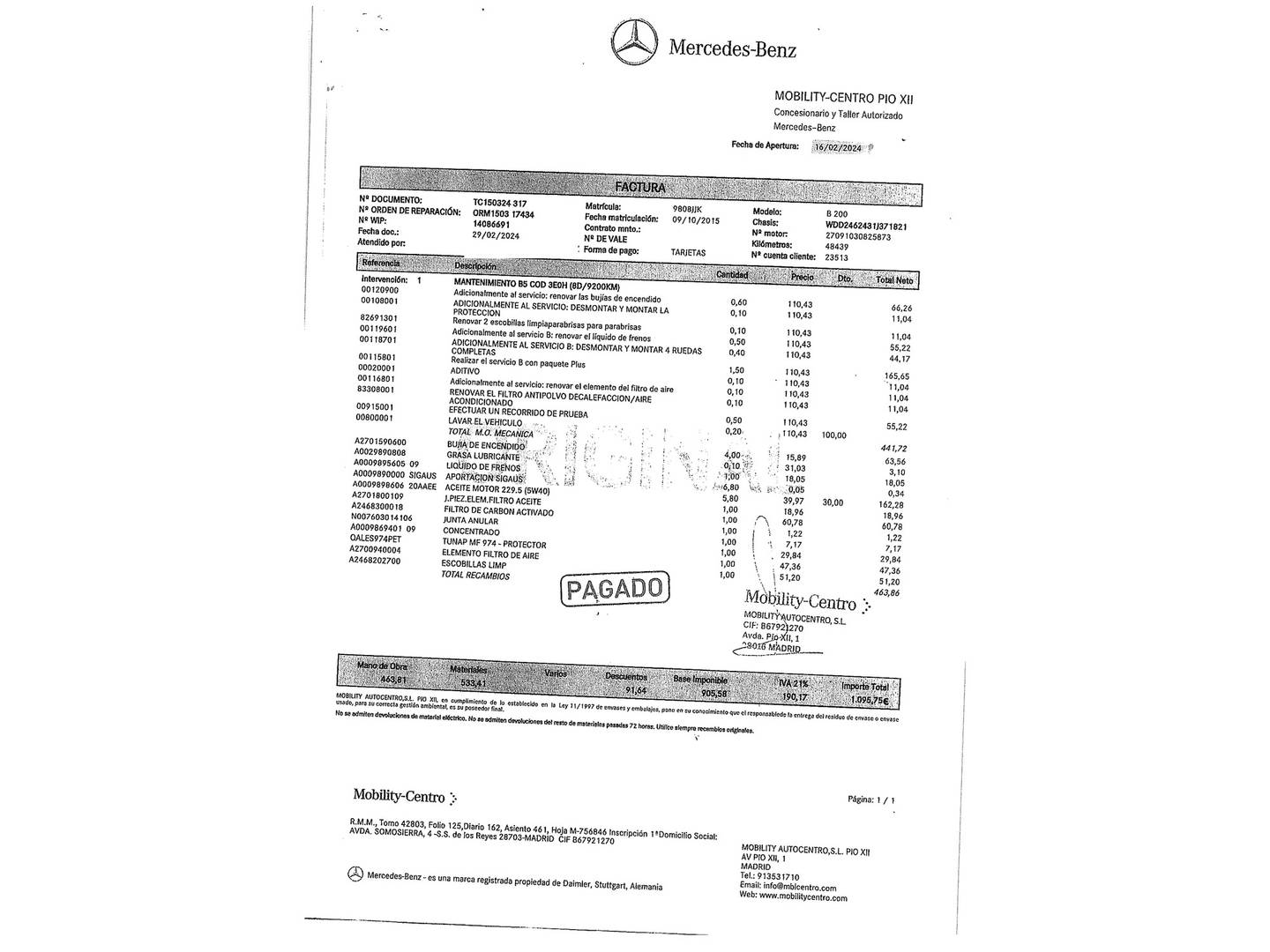 Foto del mantenimiento del Mercedes Clase B Mercedes Clase B B 200 (156 CV)