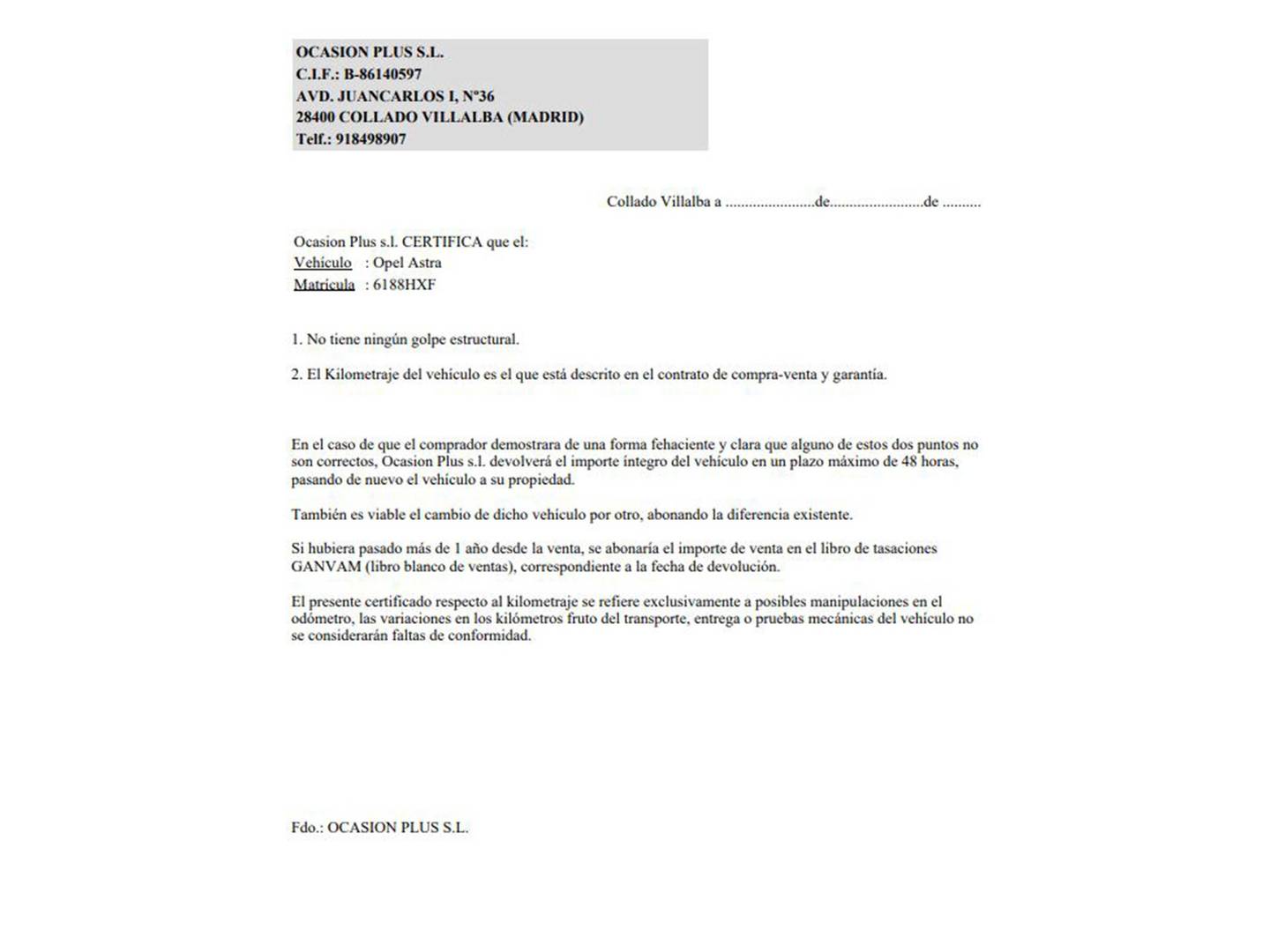 Foto del certificado del Opel Astra Opel Astra 1.7 CDTI Selective (110 CV)