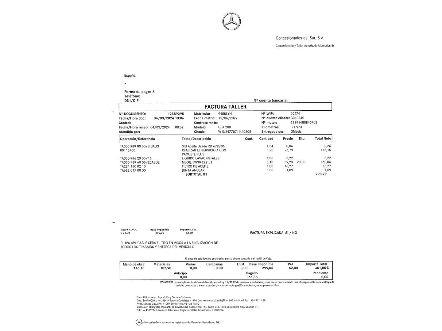 Foto del mantenimiento del Mercedes GLA Mercedes GLA 200 (163 CV) Pack AMG