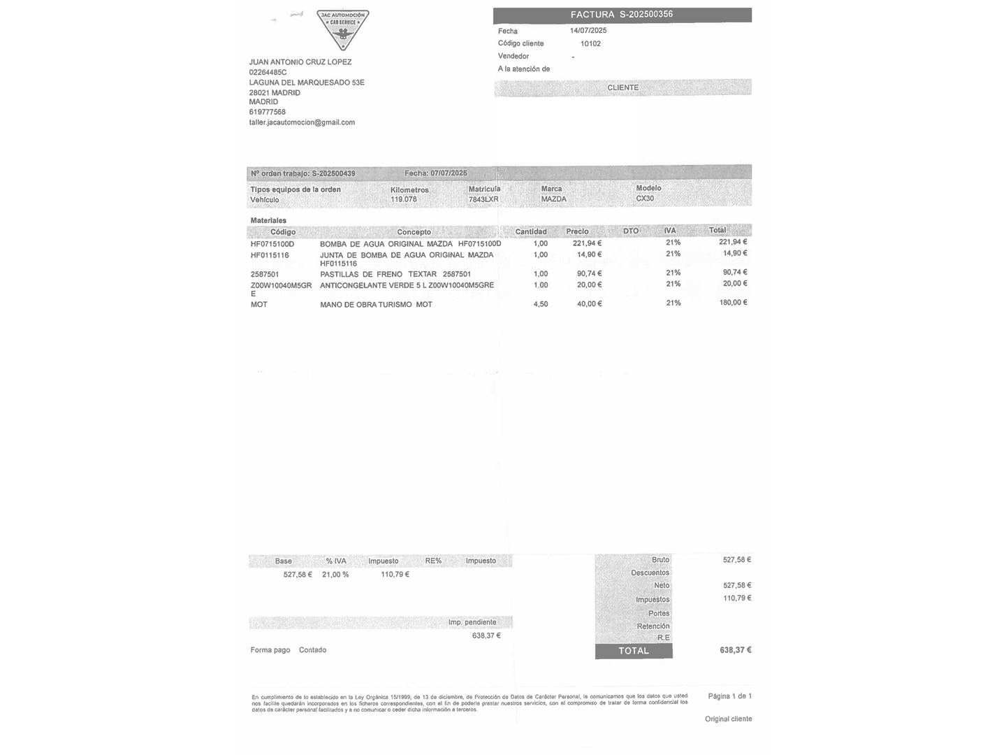 Foto del mantenimiento del Mazda CX-30 Mazda CX-30 2.0 e-Skyactiv-X Zenith (186 CV)