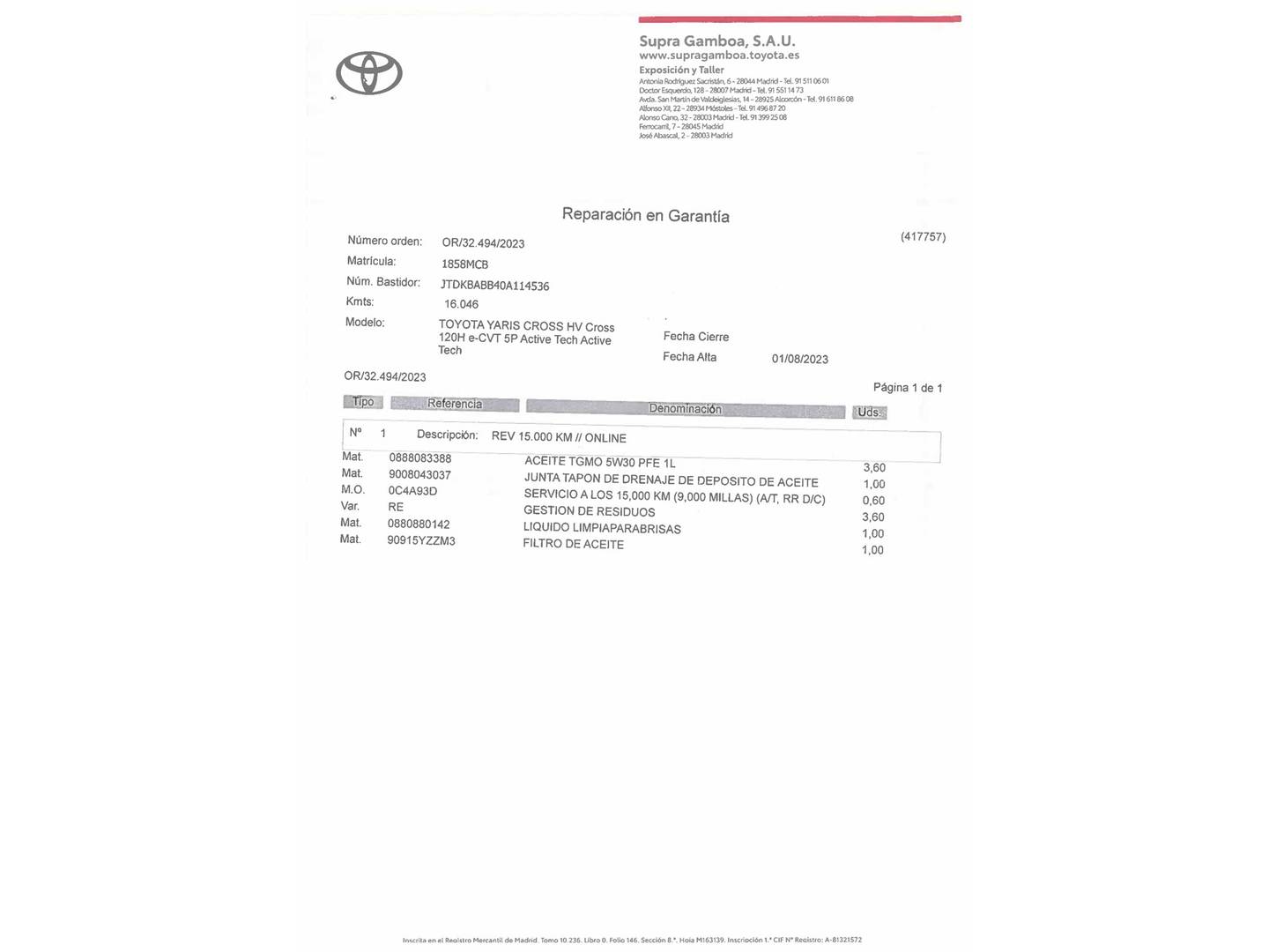 Foto del mantenimiento del Toyota Yaris Cross Toyota Yaris Cross 120H Active Tech (116 CV)