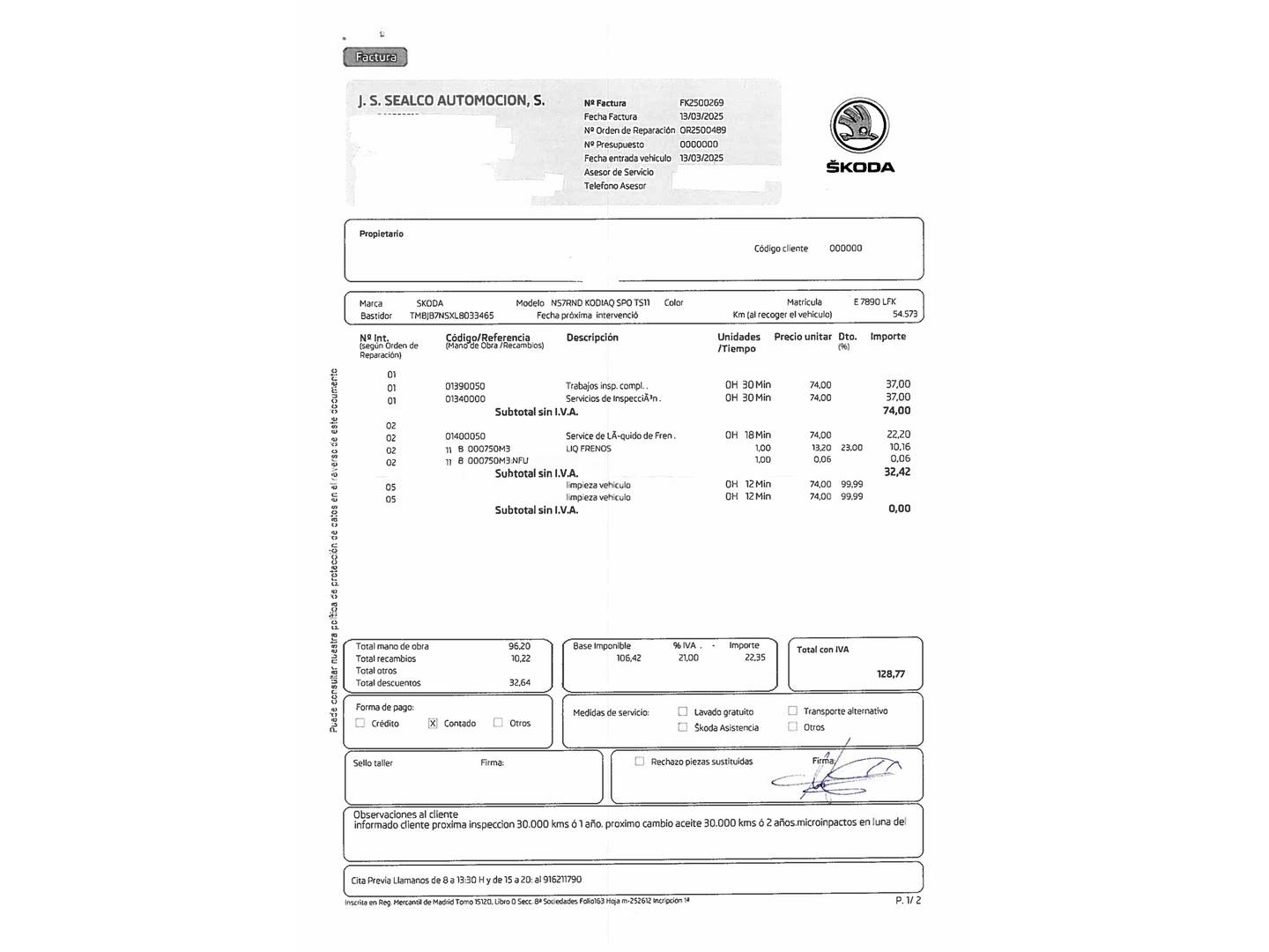 Foto del mantenimiento del Skoda Kodiaq Skoda Kodiaq 1.5 TSI Sportline 4x2 DSG (150 CV)