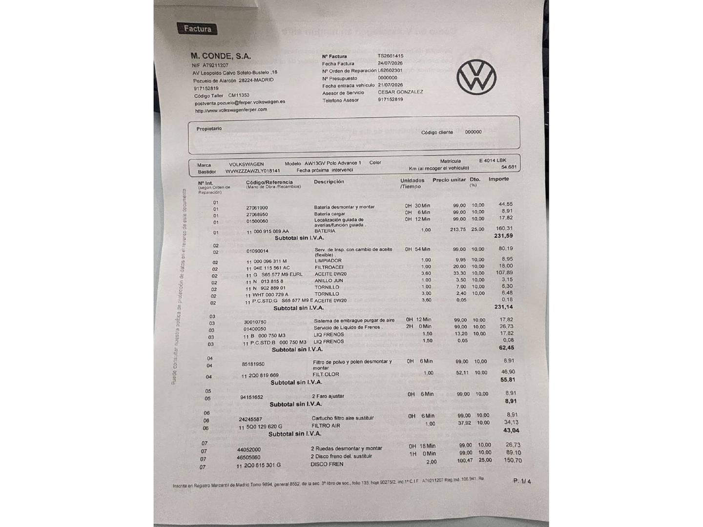 Foto del mantenimiento del Volkswagen Polo Volkswagen Polo Advance 1.0 (80 CV)